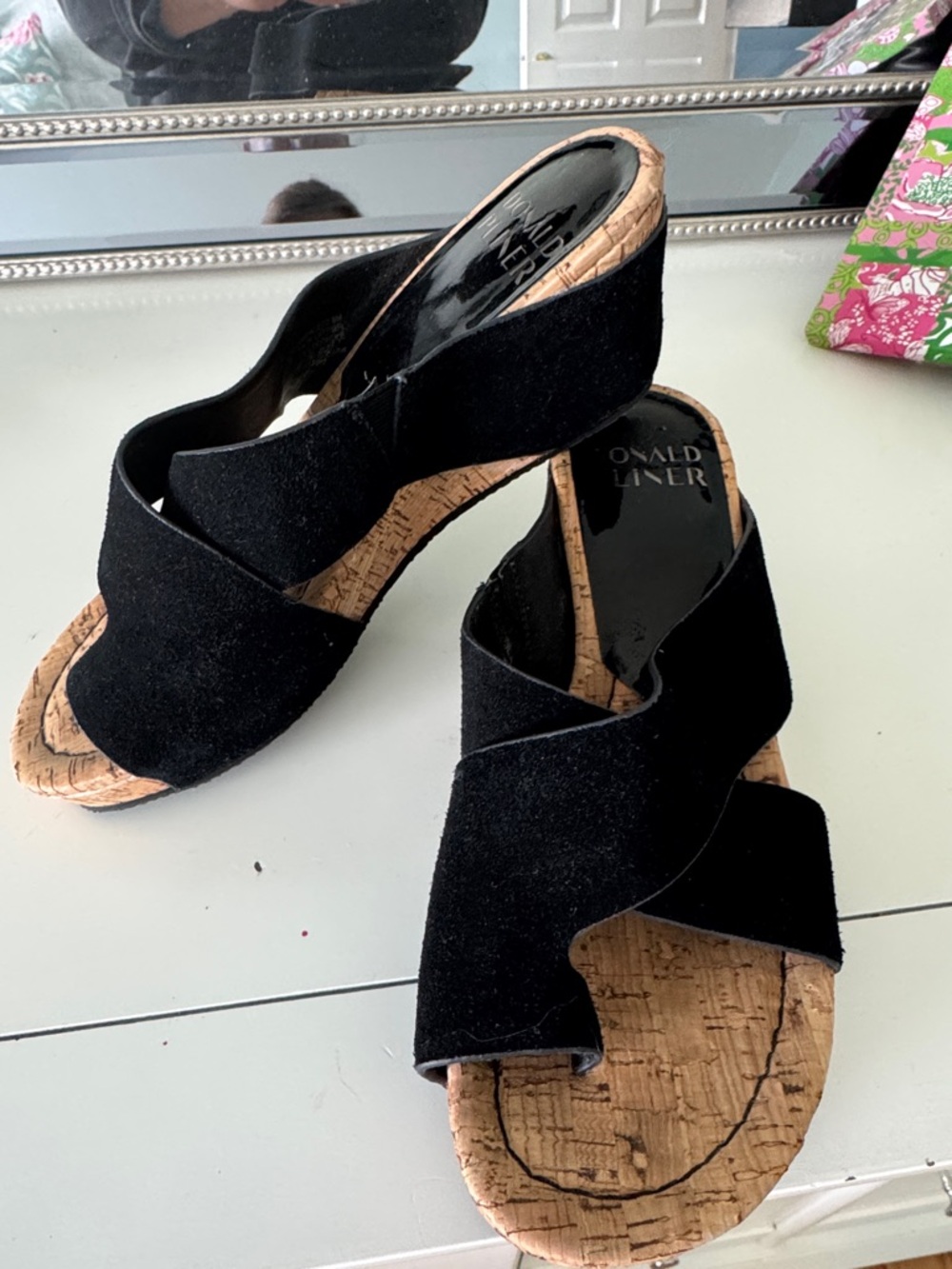 Donald J. Pliner Black Suede Cork Wedge Sandals